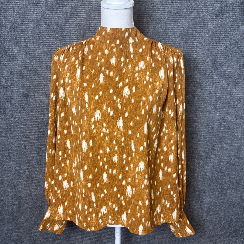 Express Deer Print Mock Neck Blouse Womens Large Long Sleeve Fall Top Boho
